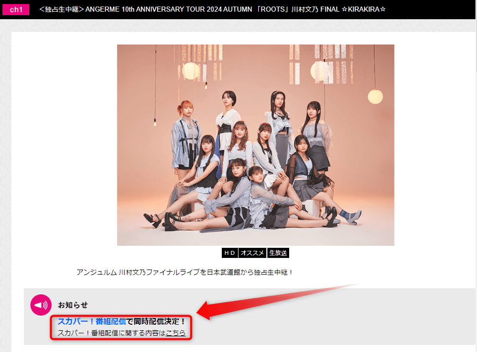 アンジュルム武道館ライブ（川村文乃の卒コン）はスカパー番組配信でスマホ視聴可能